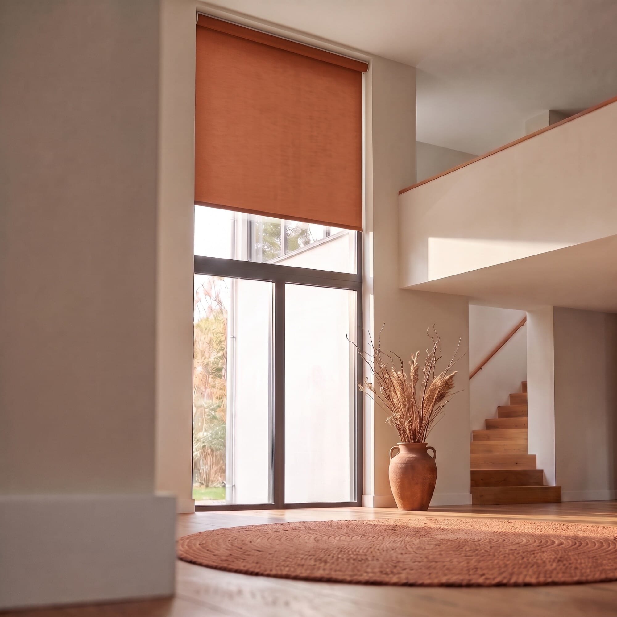 Hohes Fenster mit motorisiertem Sonnenschutz